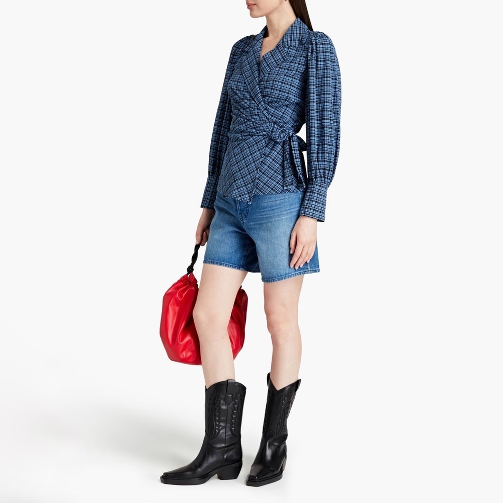 NWT Ganni Wrap Mini Check Granada Sky Long Sleeves Blouse